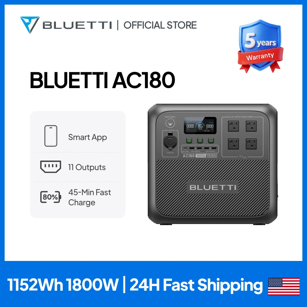 

【Совершенно новый】BLUETTI AC180 1152 Втч 1800 Вт портативная электростанция LiFePO4 солнечный генератор 3500 + циклы для кемпинга, пешего туризма, рыбы