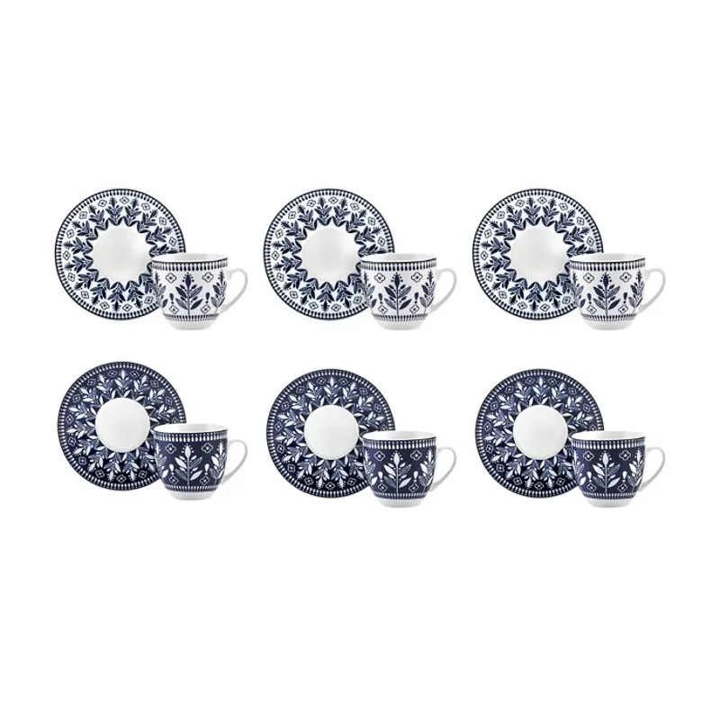 Bella Porcelain 12 Parça İncluding 6 Cups Coffee Cup Pad 80 Ml Navy Blue White Pattern Stylish Gift Dish Set New