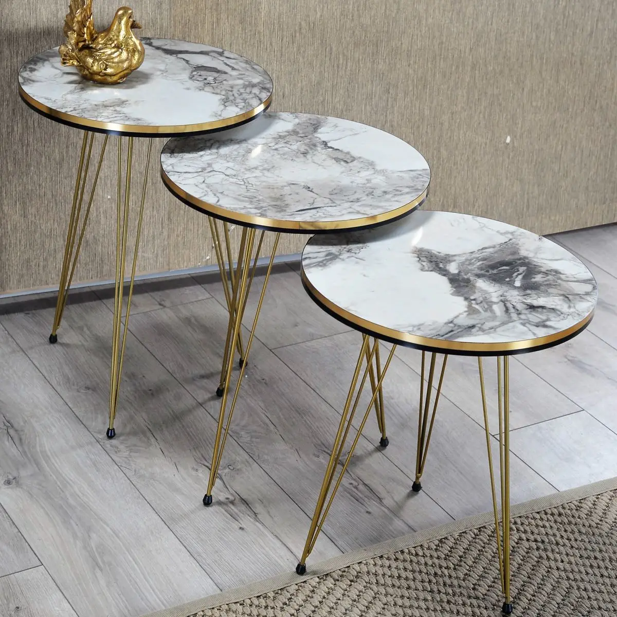 3 Pcs Decorative Luxury Nesting Table for Living Room Gold White Marble Metal Leg Round Nordic Style Coffee Table Furniture Set