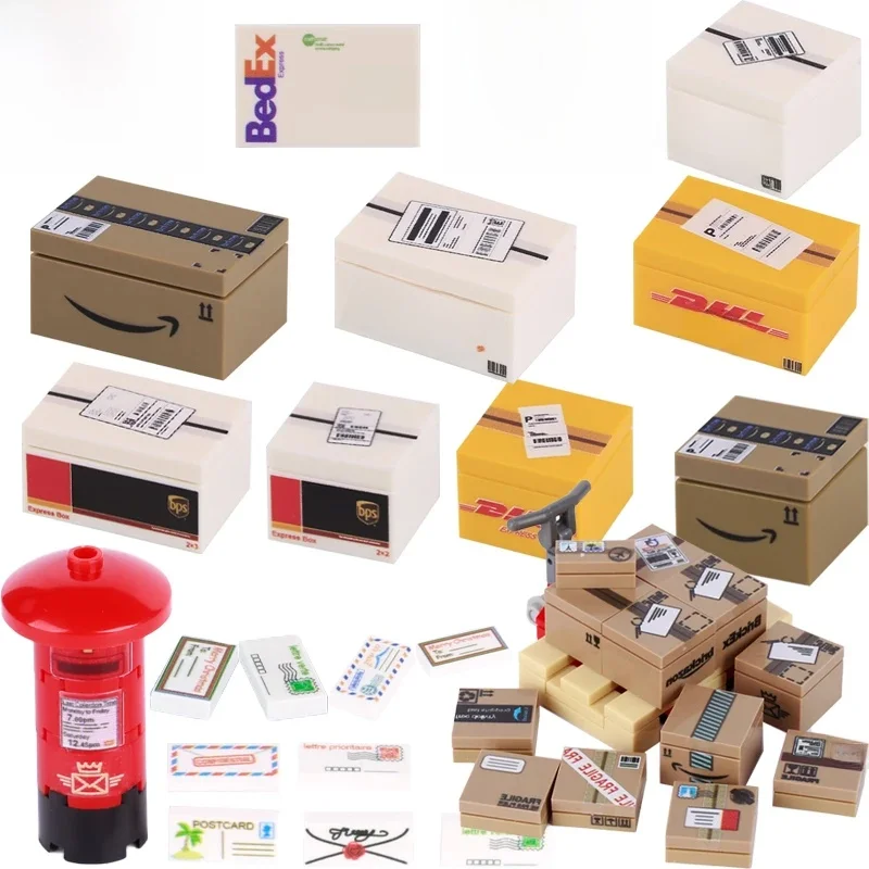 MOC – boîtes de livraison de maison de ville, blocs de construction, paquet de vue sur la rue, boîte aux lettres postale, lettres, briques imprimées, jouets pour amis, cadeaux