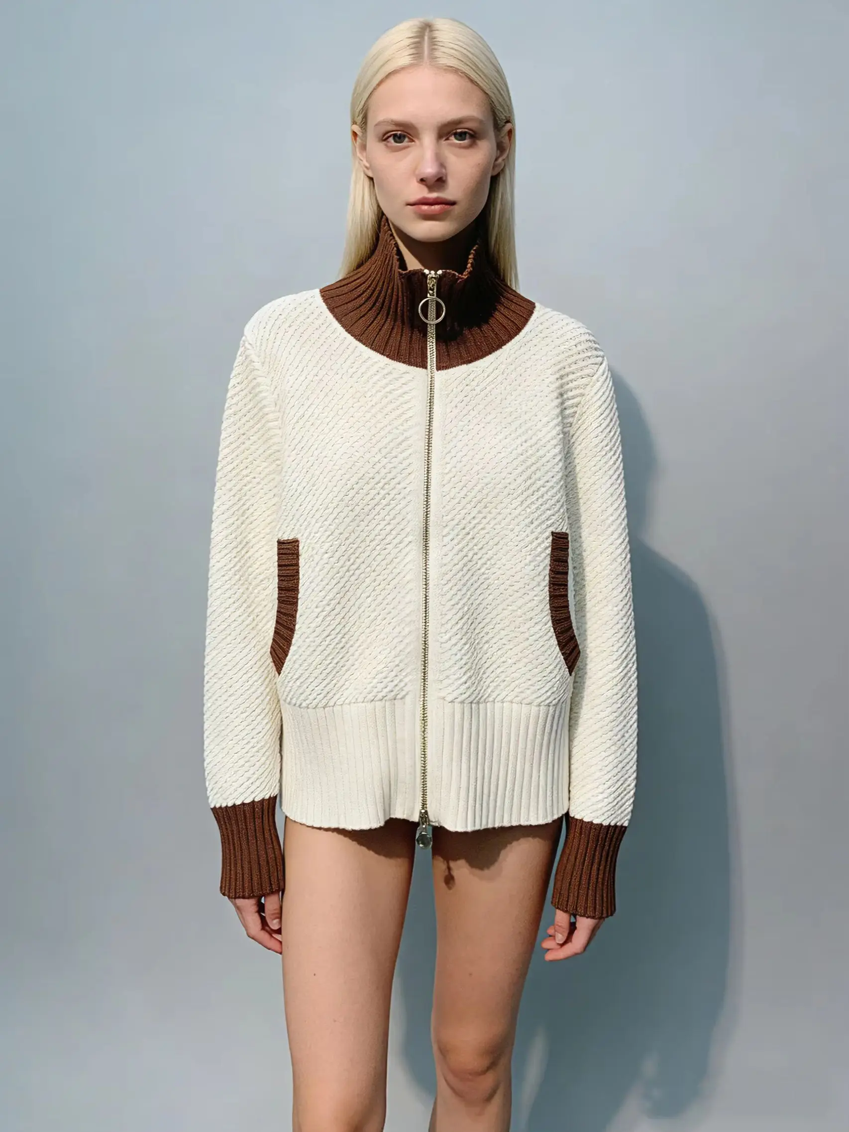 

Женский шерстяной вязаный жакет с контрастными вставками, воротником-стойкой, молнией, укороченный, повседневный, с длинными рукавами и карманами