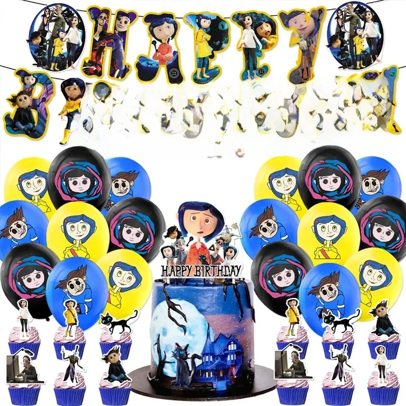 Série Coraline vaisselle de fête d'anniversaire bannière jetable décoration de gâteau drapeau suspendu ballons Coraline décoration d'anniversaire