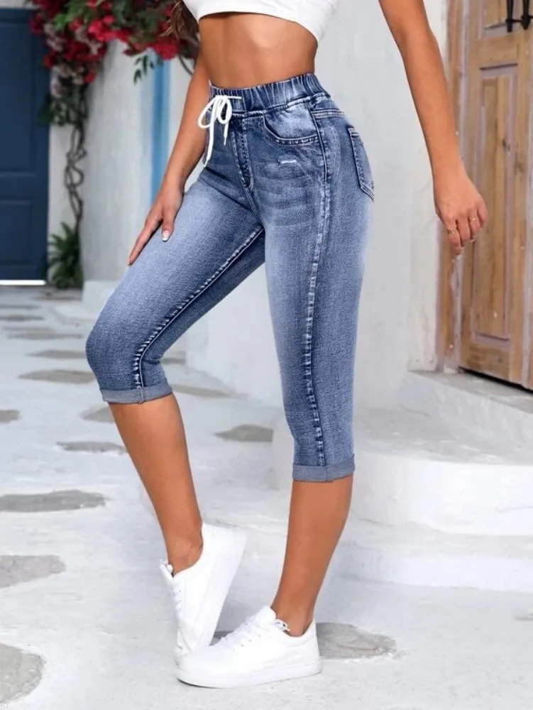 Pantalones vaqueros rasgados de cintura alta hasta la pantorrilla para mujer, Jeans ajustados informales, cintura elástica alta, moda 2023