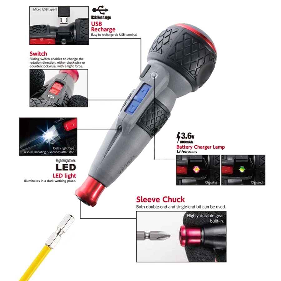 VESSEL 220USB-S1 High Speed Ball Grip Electric Screwdriver with PH2 Driver Bit Cordless USB Charge 3.6V Li-ion Battery PowerTool