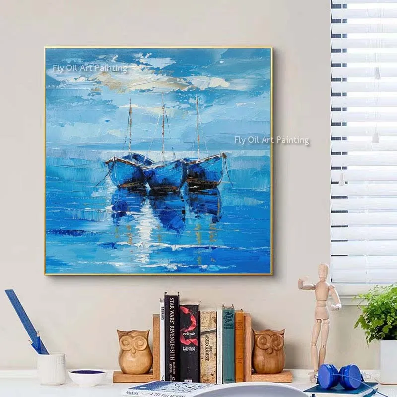 Modern Sailboat Oil Painting Hand Painted Blue Seaside Seascape Ship Canvas Art For Home Office Wall Decor As Gift Unframed