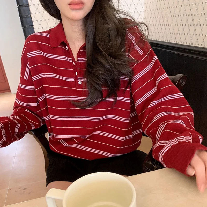 

Вязаная футболка с длинными рукавами в корейском стиле Overfit Strip Sweet Karakara