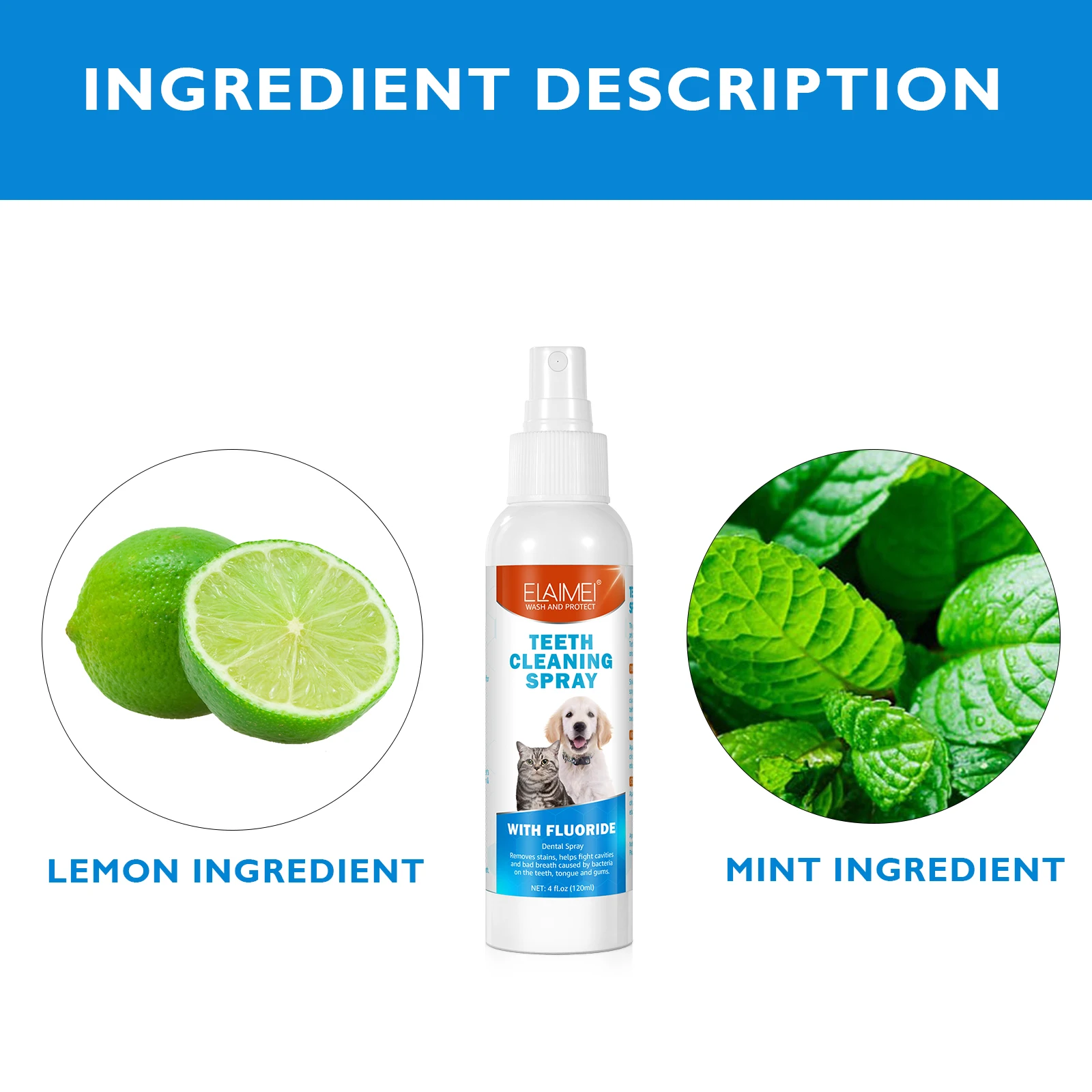 Fresh Breath Pet Dental Spray - Enriched with Fluoride, Mint & Citrus for Healthy Gums & Teeth, Easy Application, 4 fl.oz (120ml