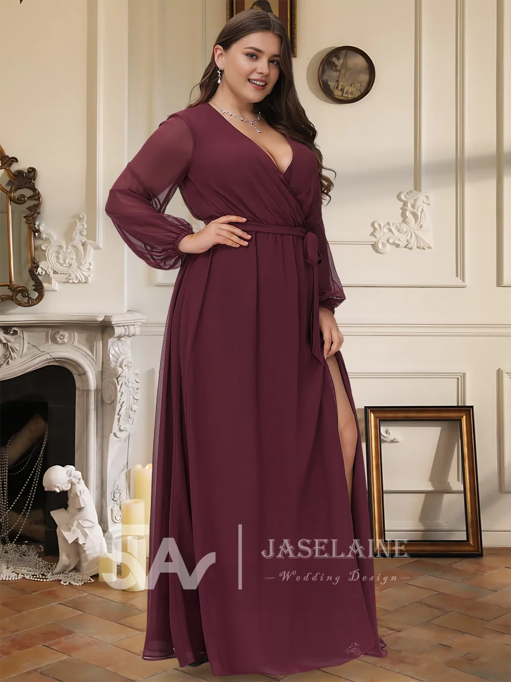 TU Bridesmaid Dress A Line V Neck Floor Length Chiffon Long Sleeve Bow Pleated Gowns Wedding Party Evening Guest Cocktail Formal