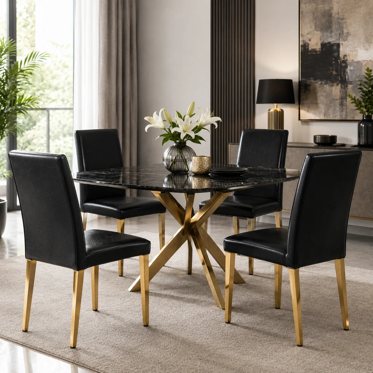4er Set minimalistische Esszimmerstühle in Schwarz Gold, aus schwarzem PU Leder mit glänzenden goldenen Metallbeinen, Höhe 90 cm, gepolstert für Esszimmer, Wohnzimmer oder Büro, pflegeleicht, stabil