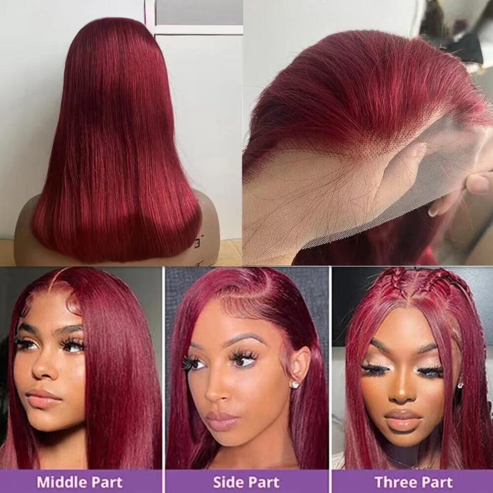 Perruque Bob Lace Front Wig naturelle rouge bordeaux 99J, cheveux humains, 13x4, pre-plucked, pour femmes