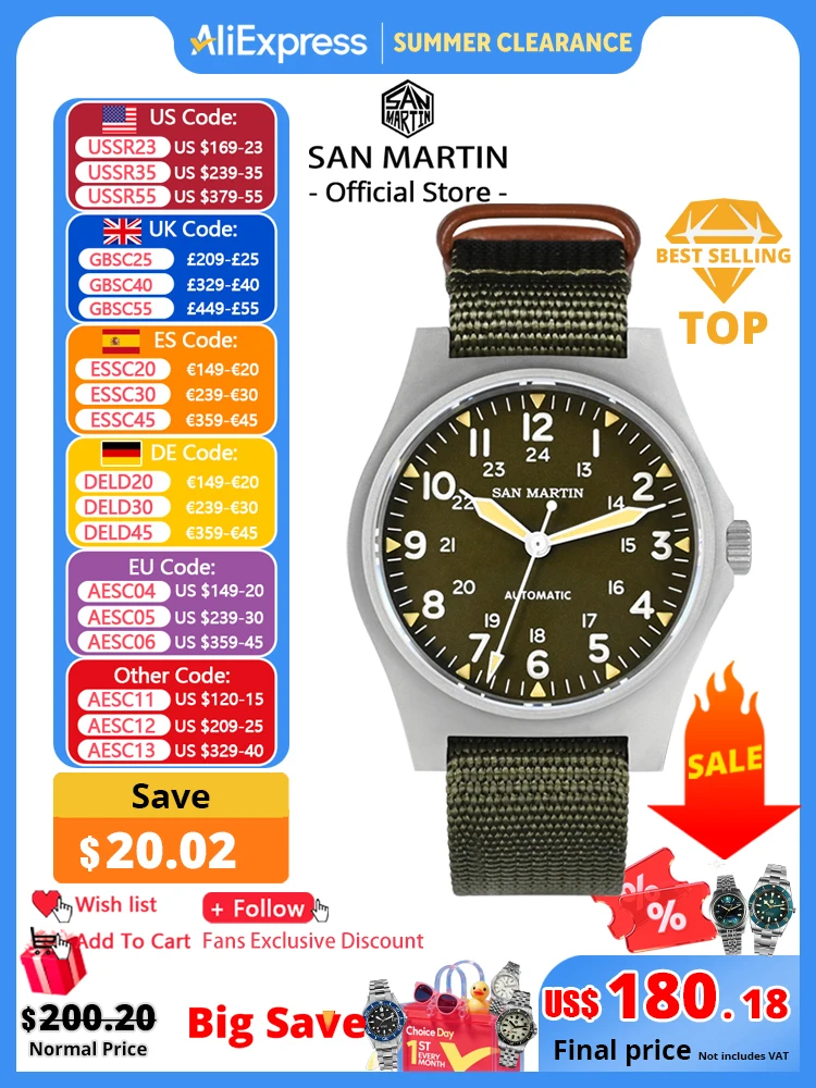 San Martin Pilot Watch 38mm NH35 Retro Military Automatic Mechanical Wristwatch Bead Blasted Case Waterproof 100m SN0137