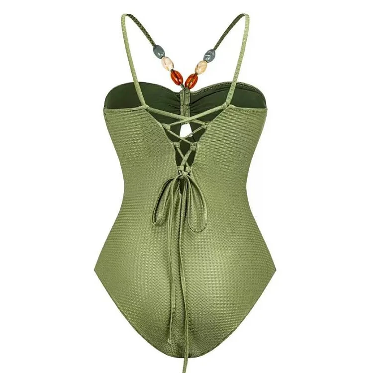 Maillot de bain une pièce avec ceinture perlée et jupe découpée, vêtements de plage pour femmes, charbon, été, nouveau, 2024