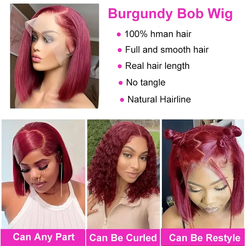 99j Burgundy Short Straight Bob Human Hair Color Wigs Brazil Bob Wig Lace Front Human Hair Wigs Pre Plucked Lace Wigs Remy Hair