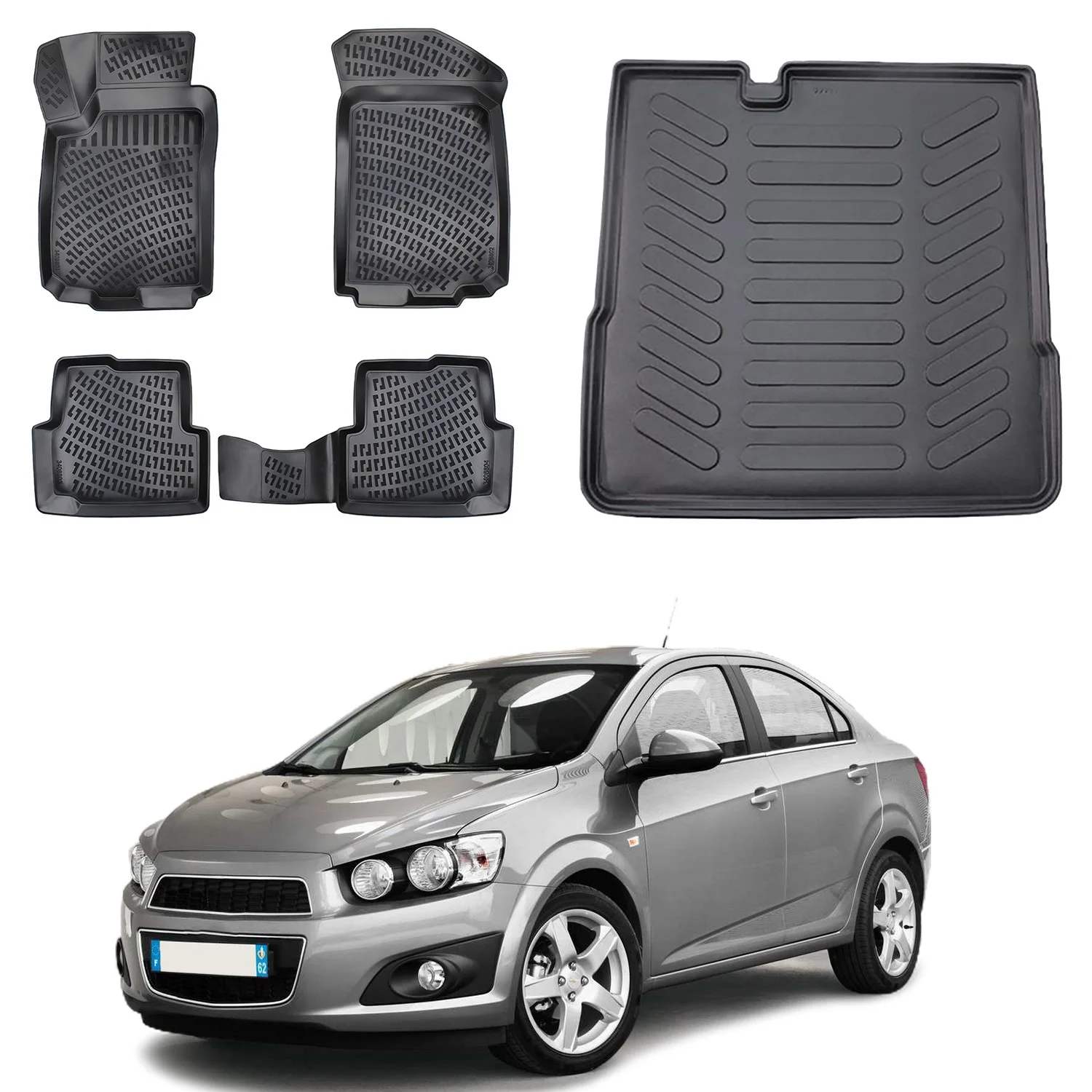 Floor Mats + Cargo Trunk Liner Fits Chevrolet Aveo 2012-2024 Set - All Weather Maximum Coverage - Water Resistance