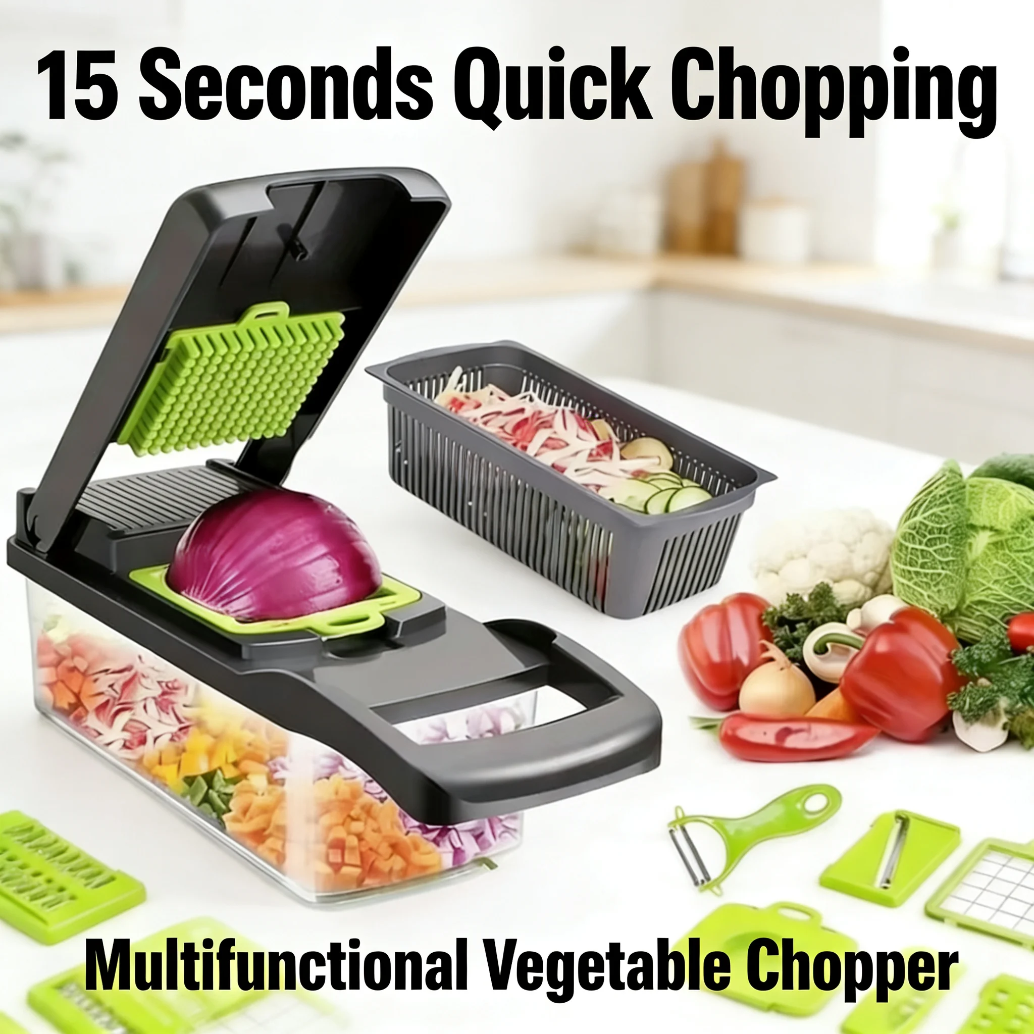 Multifunctional Vegetable Chopper 15S Quick Chopping Onion Dicer Slicer Cutter with Container for Kitchen Cooking