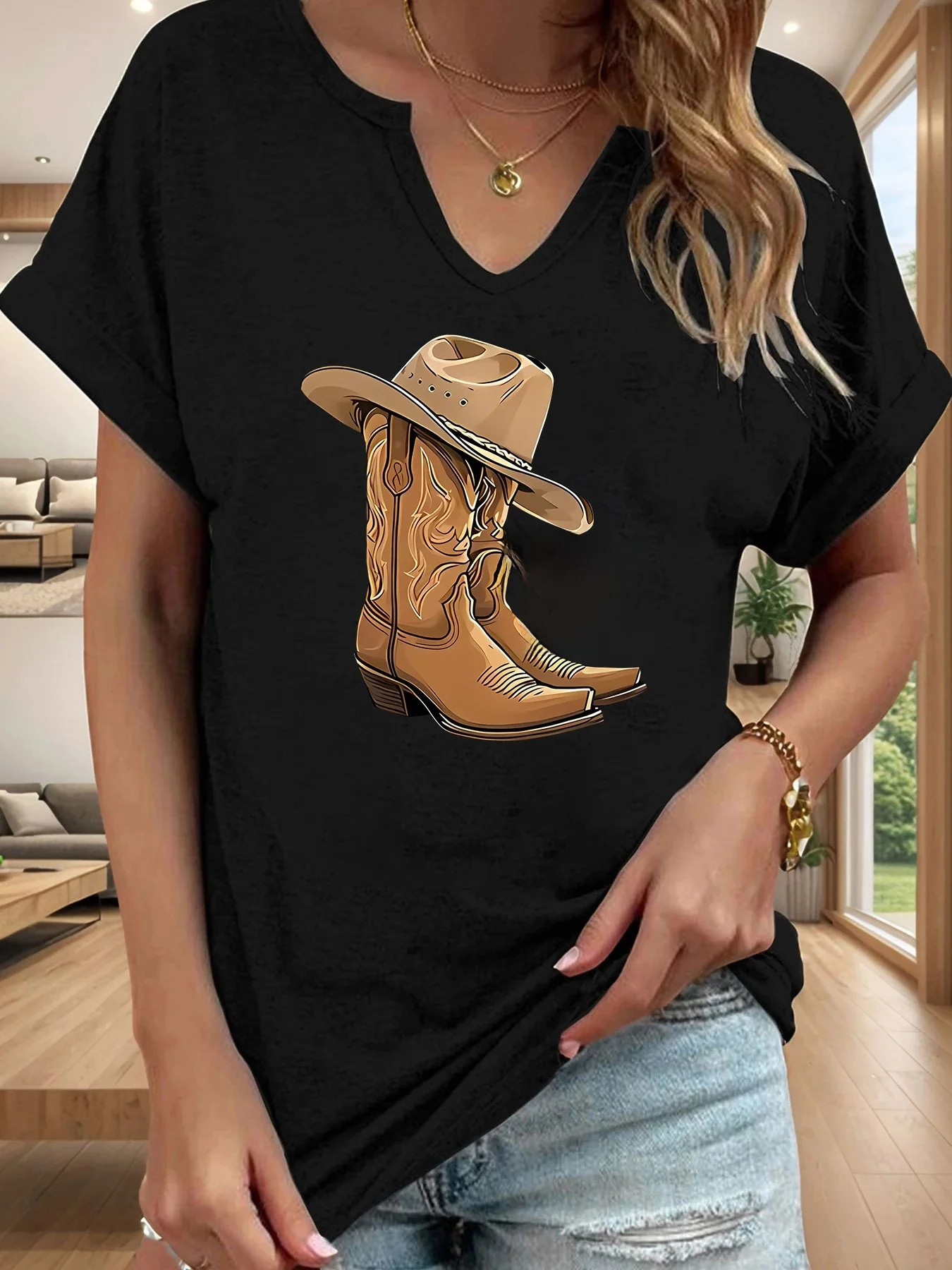 Let's Go – bottes de Cowboy pour filles, t-shirt à manches courtes et col en v avec lettres imprimées pour femmes, haut décontracté d'été