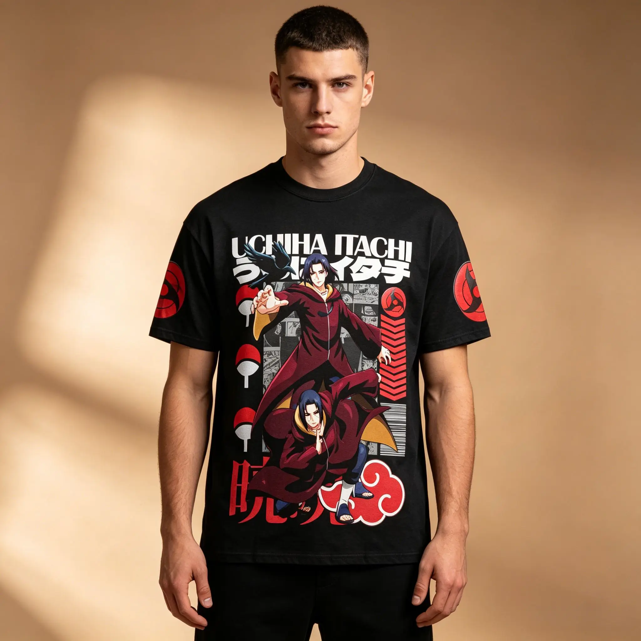 Herren Anime Grafik T-Shirt, Einfarbig Schwarz Naruto Uchiha Itachi Akatsuki Sharingan Clan Symbol Volldruck Weich Atmungsaktiv Ota