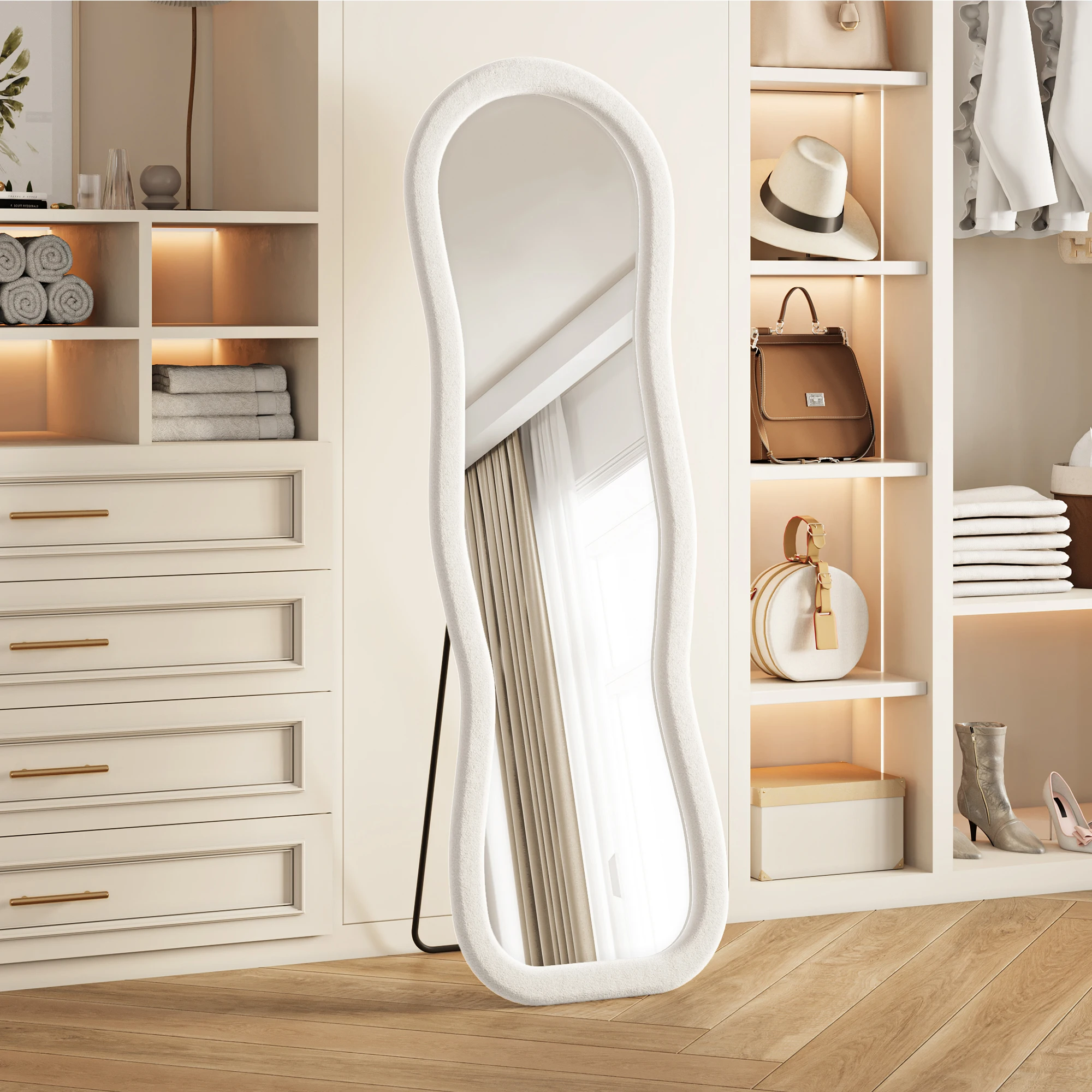 Superaly, specchio a figura intera con bordo ondulato irregolare, dimensioni 160×50 cm, specchio da terra ideale per piccoli spazi, specchio per truccarsi, specchio da parete o da appoggio, specchio
