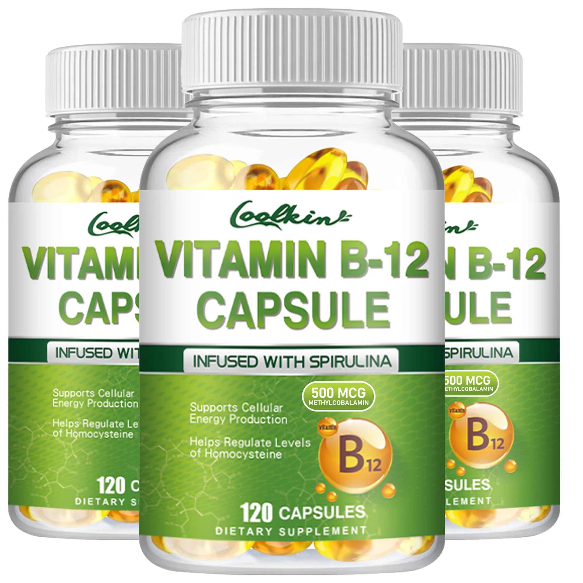 Vitamin B12 Capsules - with Organic Spirulina - Supports Energy Metabolism, Mood, Heart and Nervous System Health - 120 Capsules