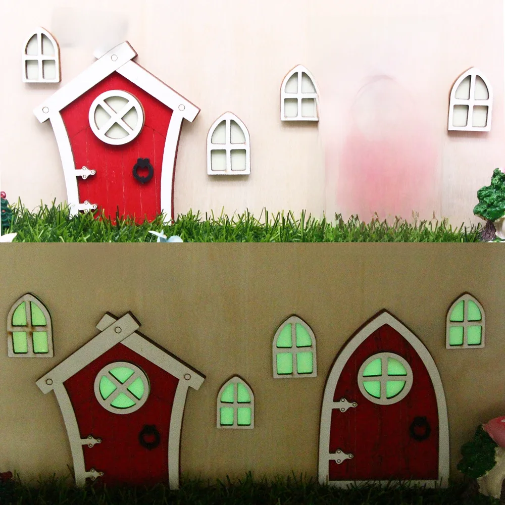 Mini Gnome féerique de jardin en bois, elfe de nuit lumineux, porte rétro, décor de noël, Figurines miniatures, modèle de scène de maison