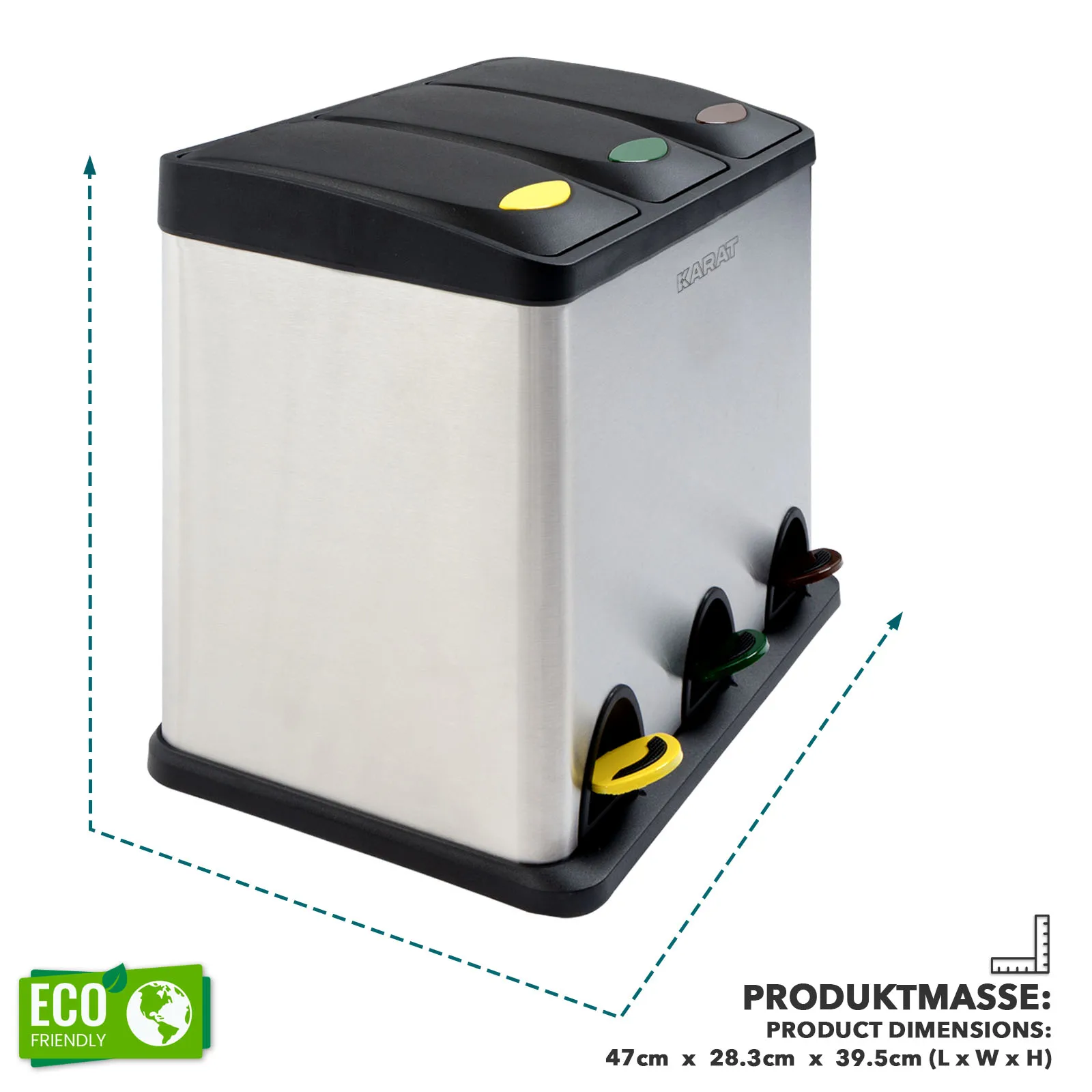 Mülleimer Trennsystem Edelstahl, Mülltrennsystem mit 3 Kammern, Abfalleimer mit herausnehmbaren Inneneimern, Treteimer für Küche, Recycling Müllbehälter mit Deckel