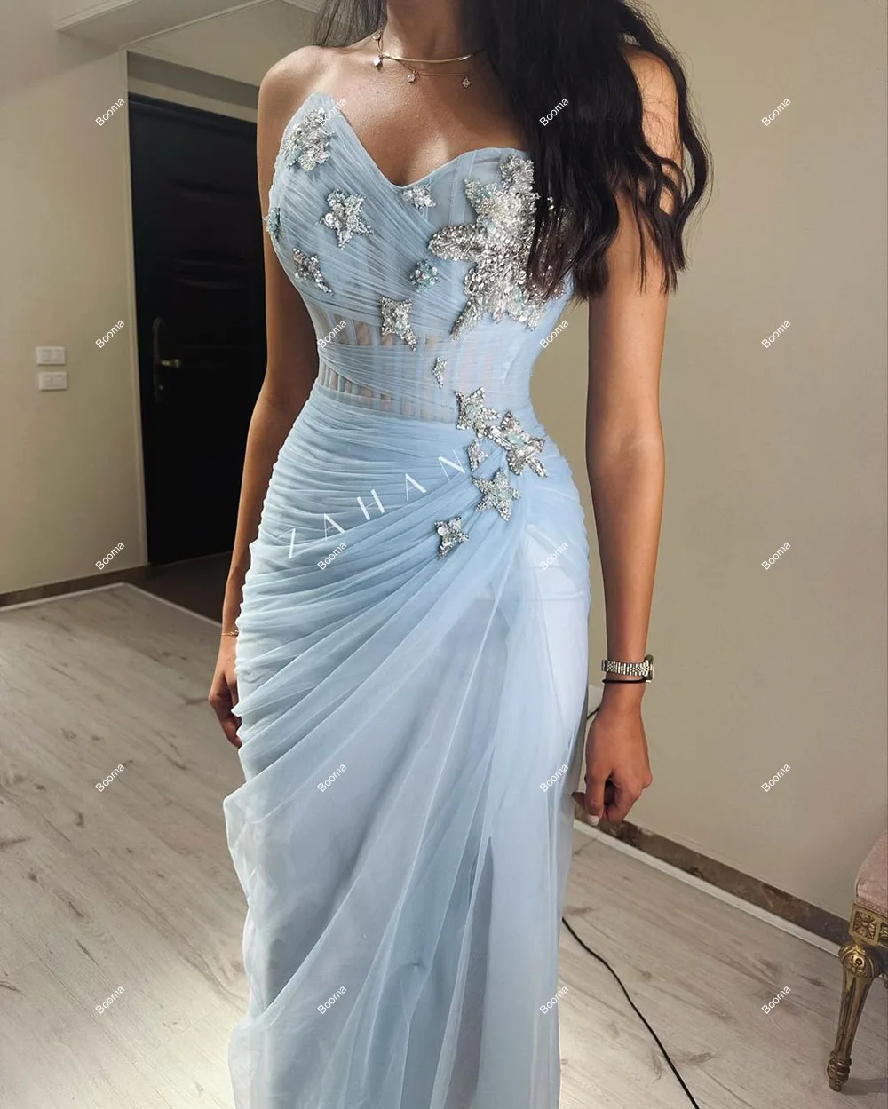 Booma Sky Blue Mermaid Evening Dresses Sweetheart Sleeveless Crystal Formal Occasion Gowns Ankle Length Prom Dresses Customized