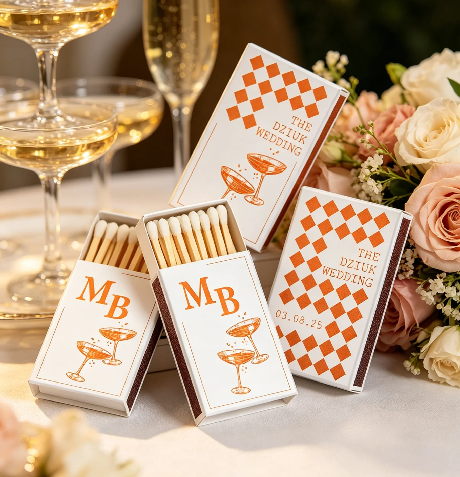 

Bulk Custom Wedding Match Boxes, Personalized Checkered Champagne Matches, Customized Engagement & Wedding Party Favor Matchboxe