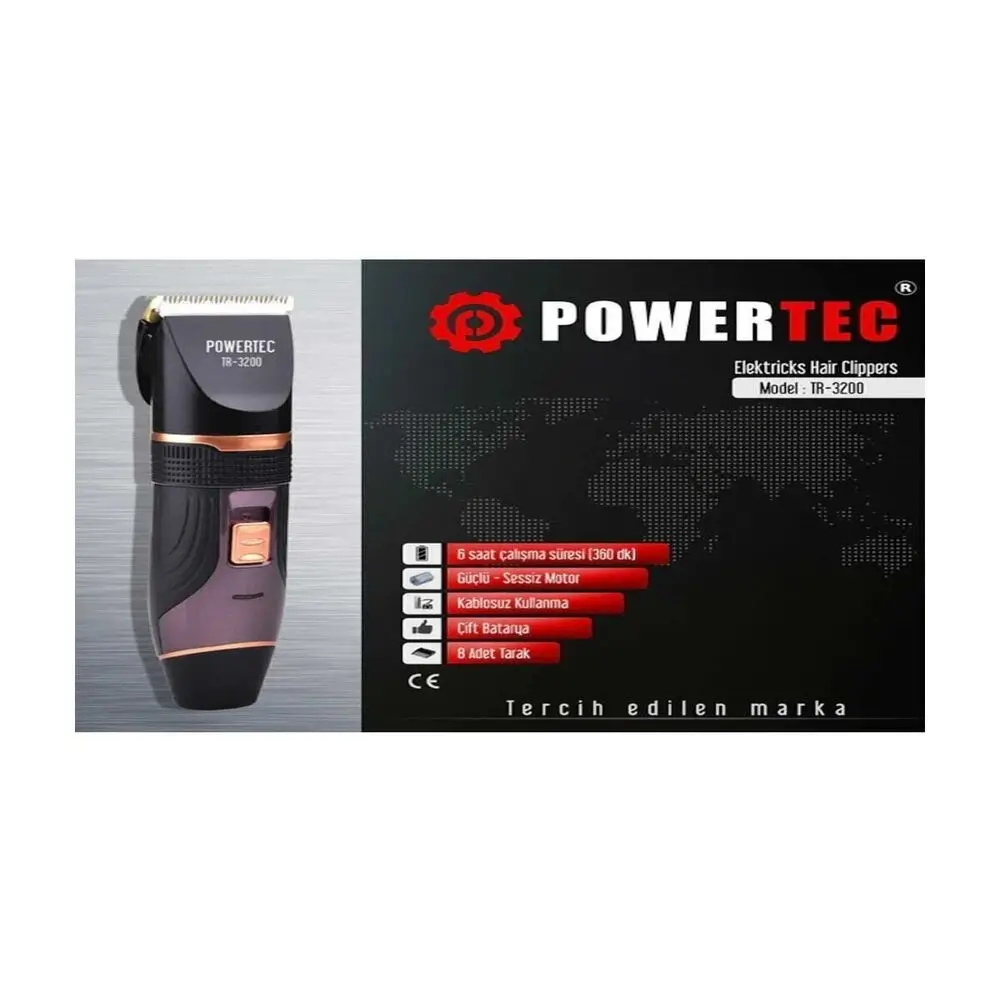 Powertec TR-3200 Wireless, Rechargeable Professional Hair, Beard, Neck, Body Trimming-Trimming Shaver Machine+8 COMB GIFT