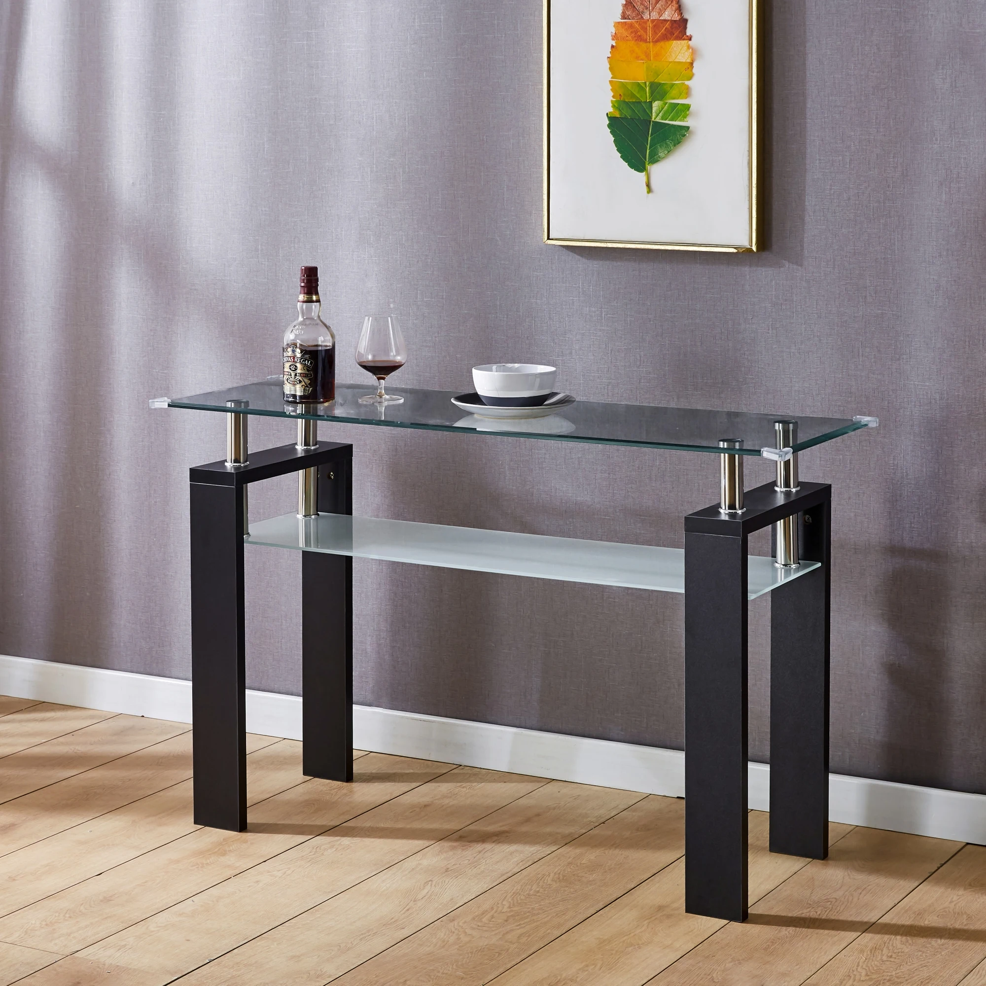 [Flash Sale]2-Layer Console Table Tempered Glass Top MDF Legs Side End Table Modern Foyer Area Table Black/White[US-W]