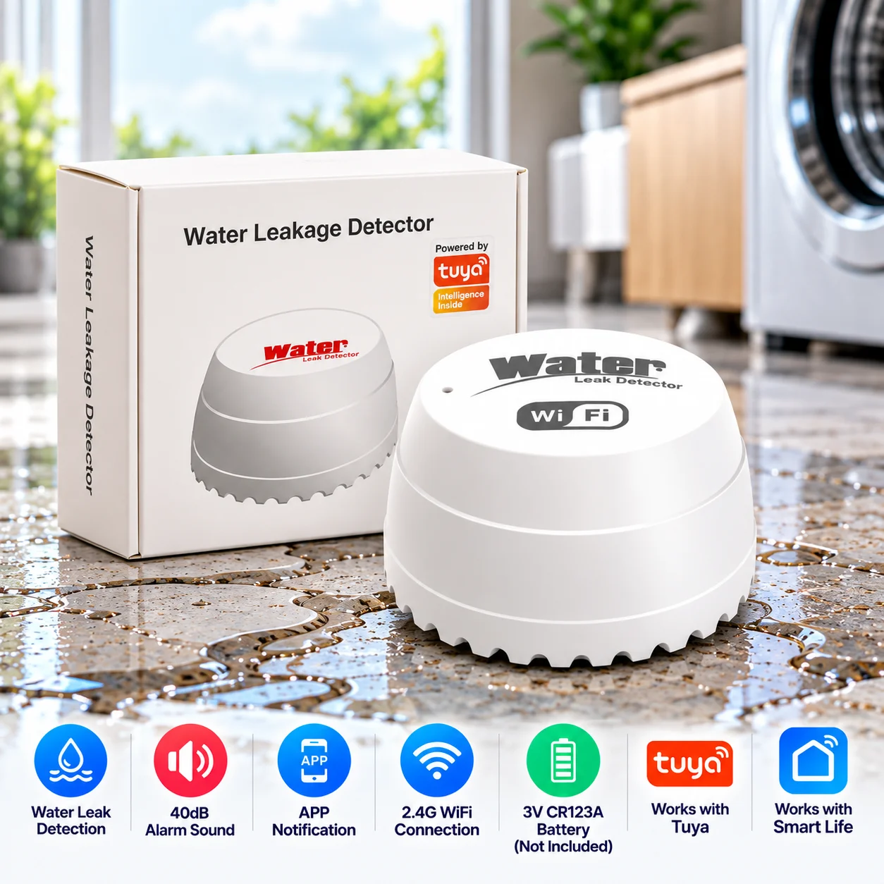 40DB 2,4G WLAN-Wasserdetektor Leckagesensor Alarm Sicherheits-Leckdetektor mit Tuya Smart Flutalarm-Integration