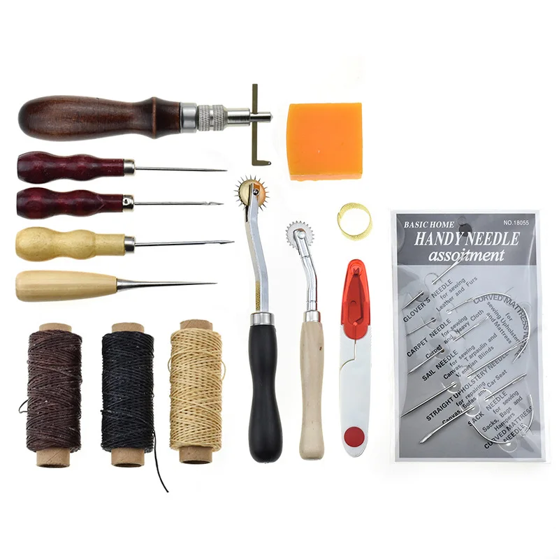 

14-Piece DIY Leather Craft Tool Set - Includes Leather Craft Supplies, Needles, Thread, Awls, and Copper Rings
