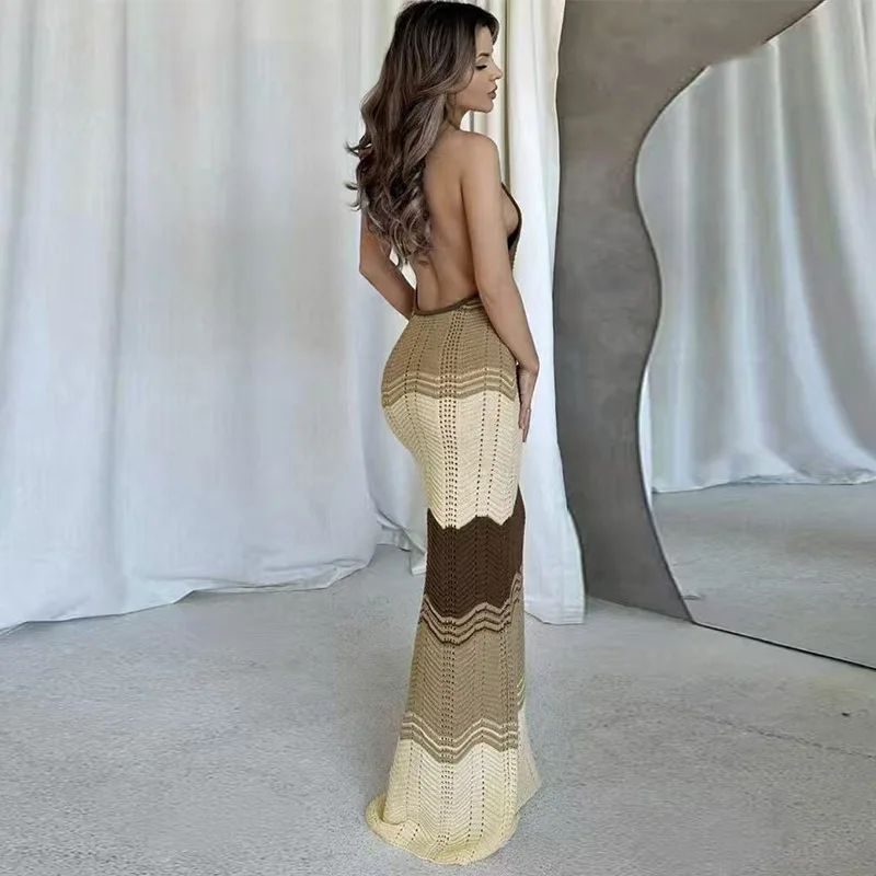 

Sexy Halter Backless Striped Knit Dress Women Beach Sheer Crochet Bikini Cover-Up Summer Swimsuit Female Swimwear Sarong