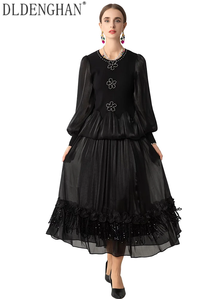 DLDENGHAN Women O-Neck Lantern Sleeve Elastic Waist Beading Tassel Diamonds Spring Autumnal New model High Street 2-Piece