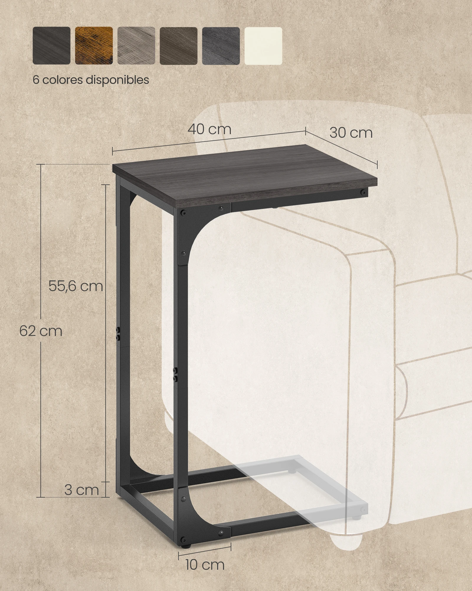 طاولة أريكة على شكل حرف C، طاولة جانبية، طراز صناعي بإطار معدني، لغرفة المعيشة وغرفة النوم والبلوط والأسود #5