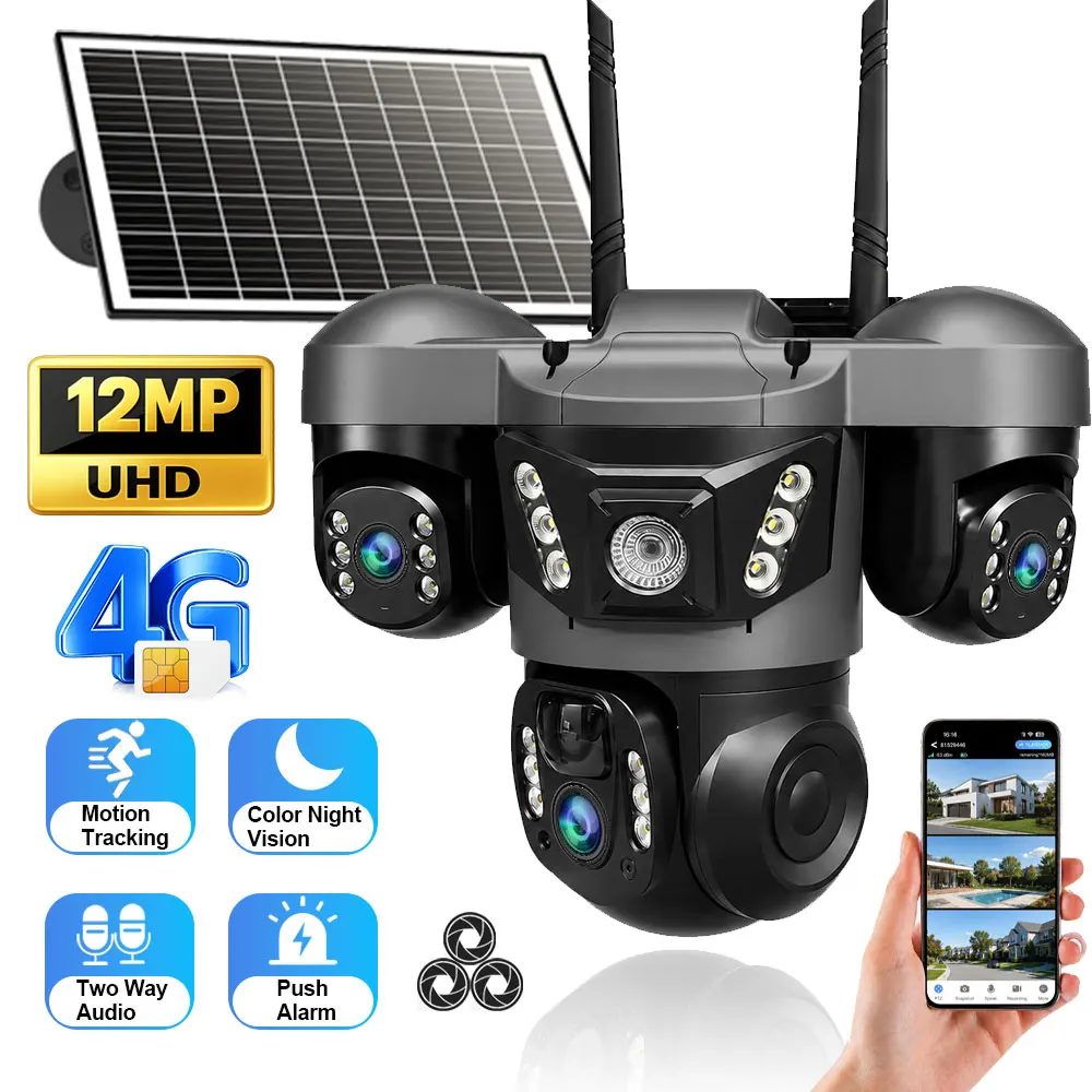 Caméra de sécurité solaire 4G à 3 objectifs, caméra CCTV 12MP avec batterie intégrée de 8000 mAh, étanche pour extérieur, vision nocturne, suivi automatique PIR, rotation PTZ, caméra de surveillance domestique avec audio bidirectionnel.