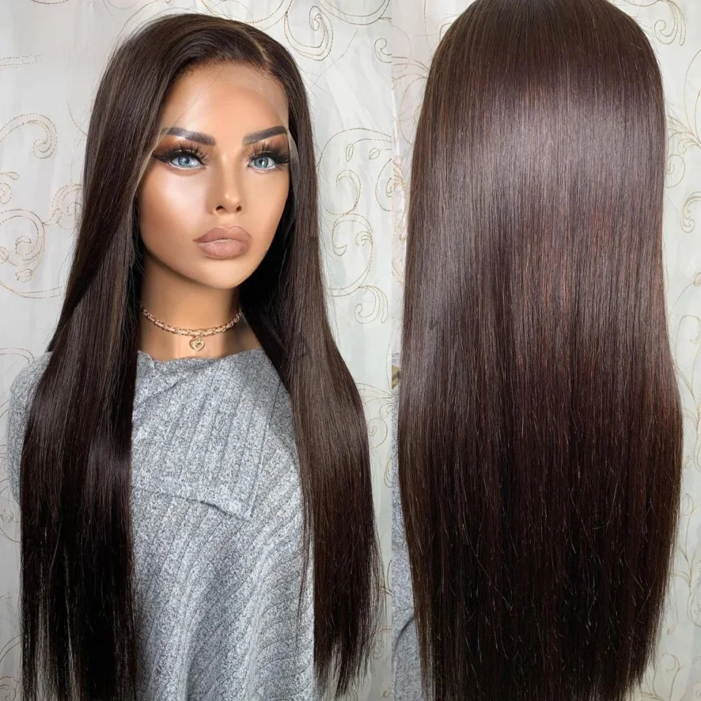 Dunkelbraune Echthaarperücken für schwarze Frauen, Farbe Pure 2 #   Farbige, lange, gerade Perücken mit linkem Seitenteil für Frauen