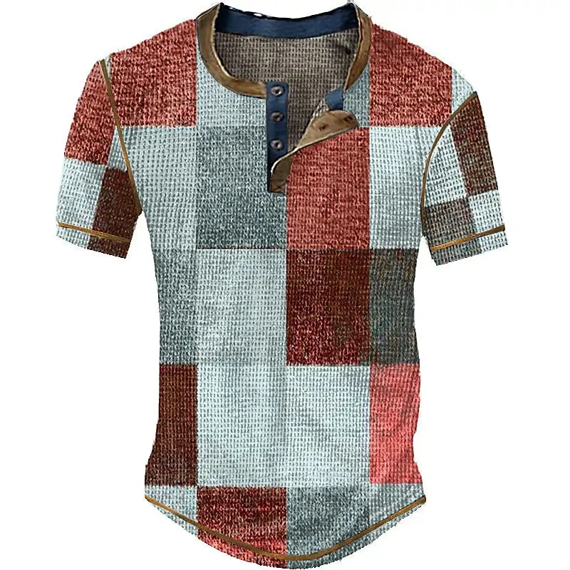 Vintage T-Shirt For Men Cotton T Shirt Plaid Graphic Tee Printing Short Sleeve Waffle Henley Shirt Oversized Men‘s Clothing Tops