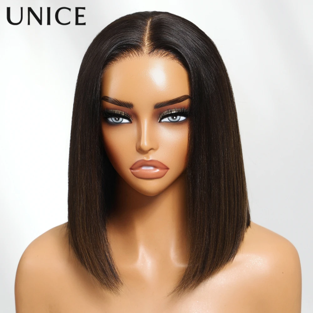 UNice 7x5 الدانتيل قبل قطع قبل ابيض الطبيعية الأسود ياكي مستقيم بوب شعر مستعار شعر الإنسان مع الكراميل البني تسليط الضوء على والرباط #3