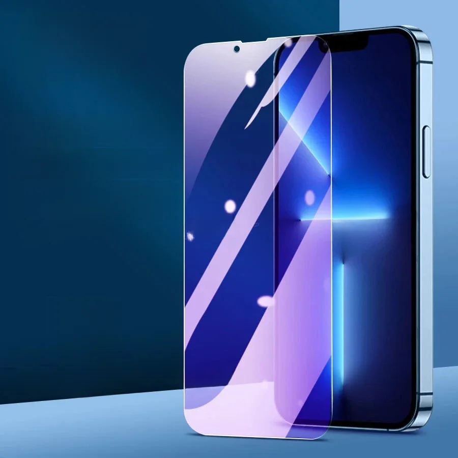 3 sztuki szkła hartowanego Anti Blue Ray 9H do iPhone'a 16E 16 15 14 Plus 13 12 mini 11 Pro X XS Max XR Purple Light Screen Protector — zdjęcie produktu 7