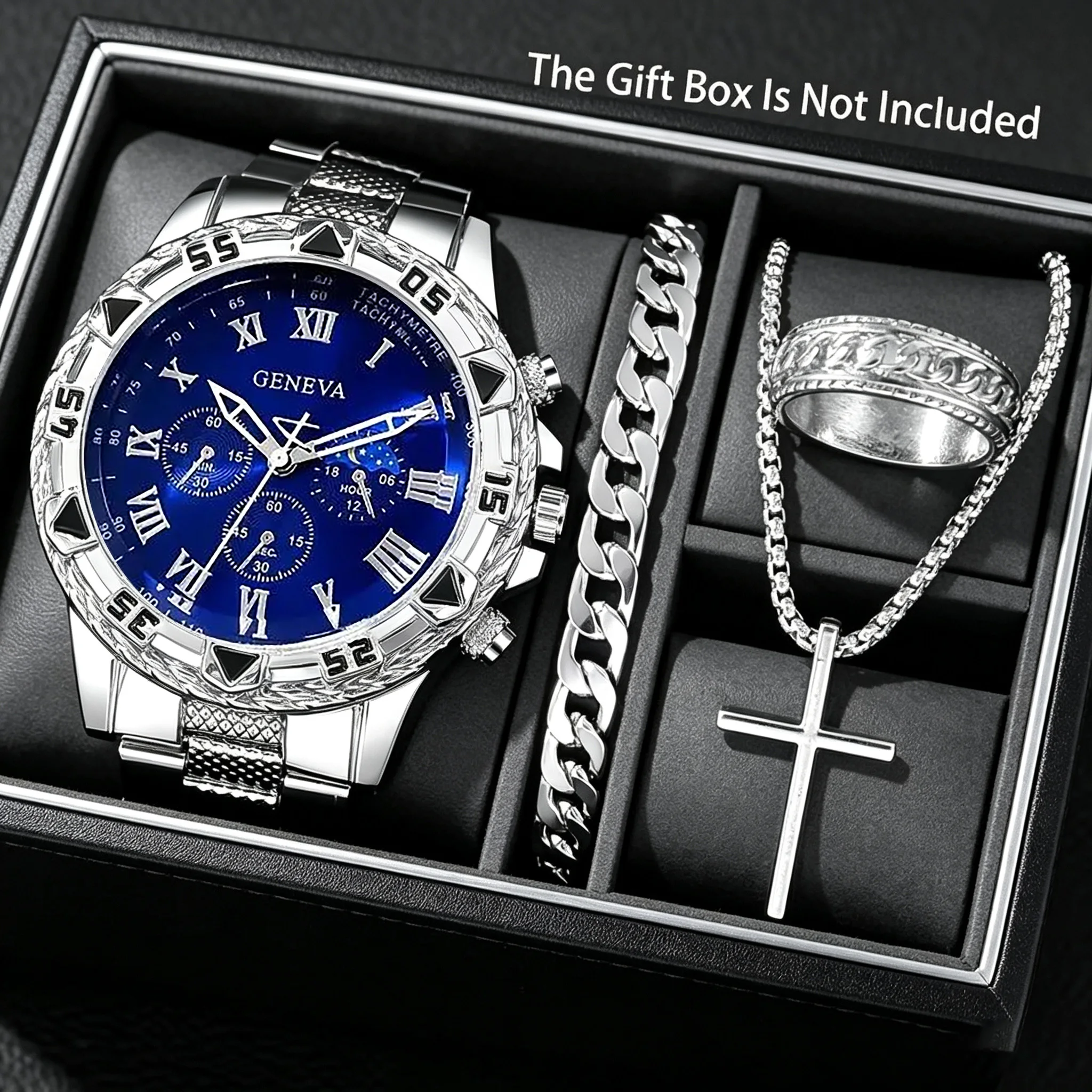 4-Piece Set of Men's Fashionable Round Dial Quartz Analog Watches with Silver Cross Series Accessories, Suitable for Parties and Daily Wear, Trendy and Versatile Exquisite Watch Set, Birthday Gift Choice, Fashionable Watches, Trendy Wristwatches, Quartz Wristwatches, Analog Wristwatches