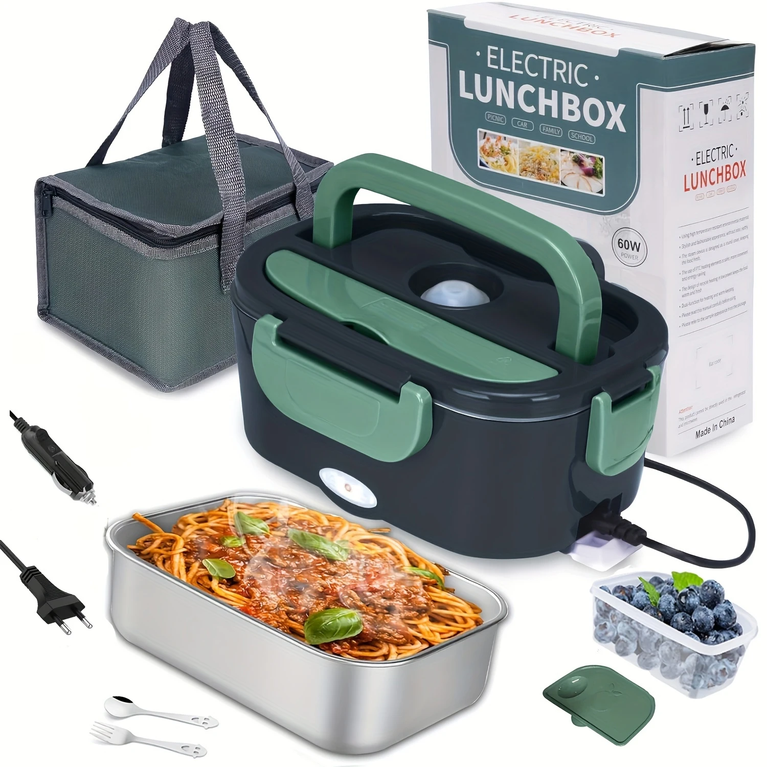 Boîte à lunch électrique 60W 1,5 L 4-en-1 chauffe-aliments pour voiture (12 V/24 V/110V/220 V) Boîte à lunch électrique pour camion, camping et travail