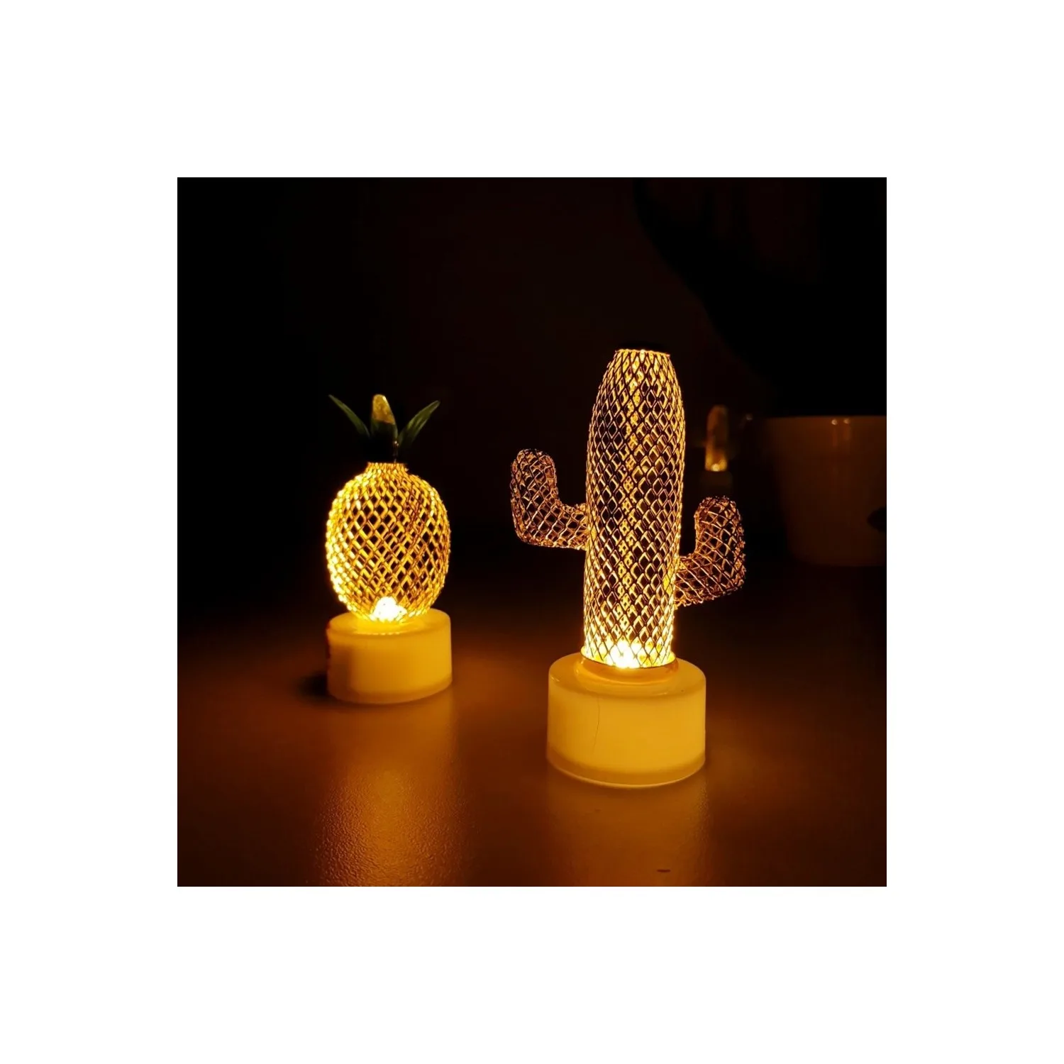 Set of 2 Mini Pineapple and Cactus Patterned Wire Candles & Sunlight