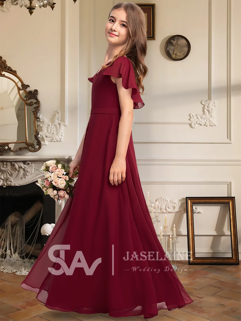 Платье подружки невесты из шифона с v-образным вырезом длиной до пола, платье с цветочным узором для девочек, трапециевидное платье с каскадными оборками, свадебные девушки, торжественное мероприятие