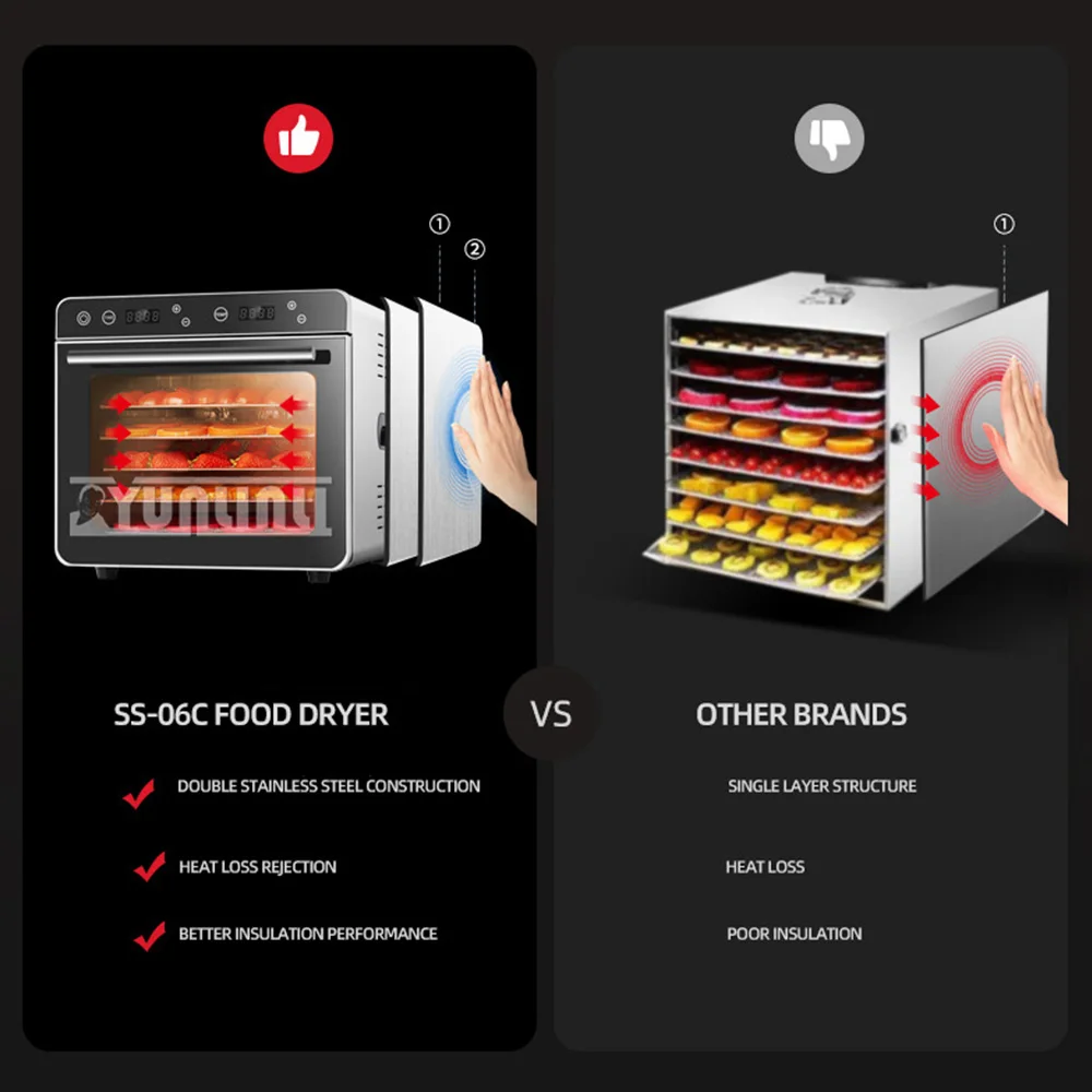 Mesin Pengering buah, alat rumah tangga pengering makanan otomatis Stainless Steel 6 lapis untuk buah sayuran dan daging