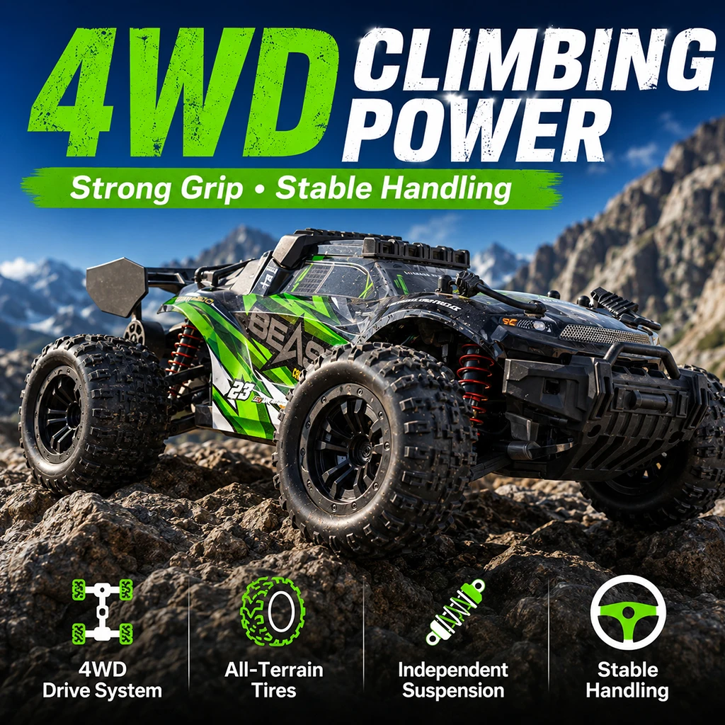 4WD-Hochgeschwindigkeits-Offroad-RC-Car, 35 km/h, Kohlebürstenmotor, 2,4 GHz, 80 m Fernsteuerungsreichweite, Metall-Differential, Aluminium-Chassis, LED-Scheinwerfer, 7,4-V-Lithium-Akku, Hobbyfahrzeug
