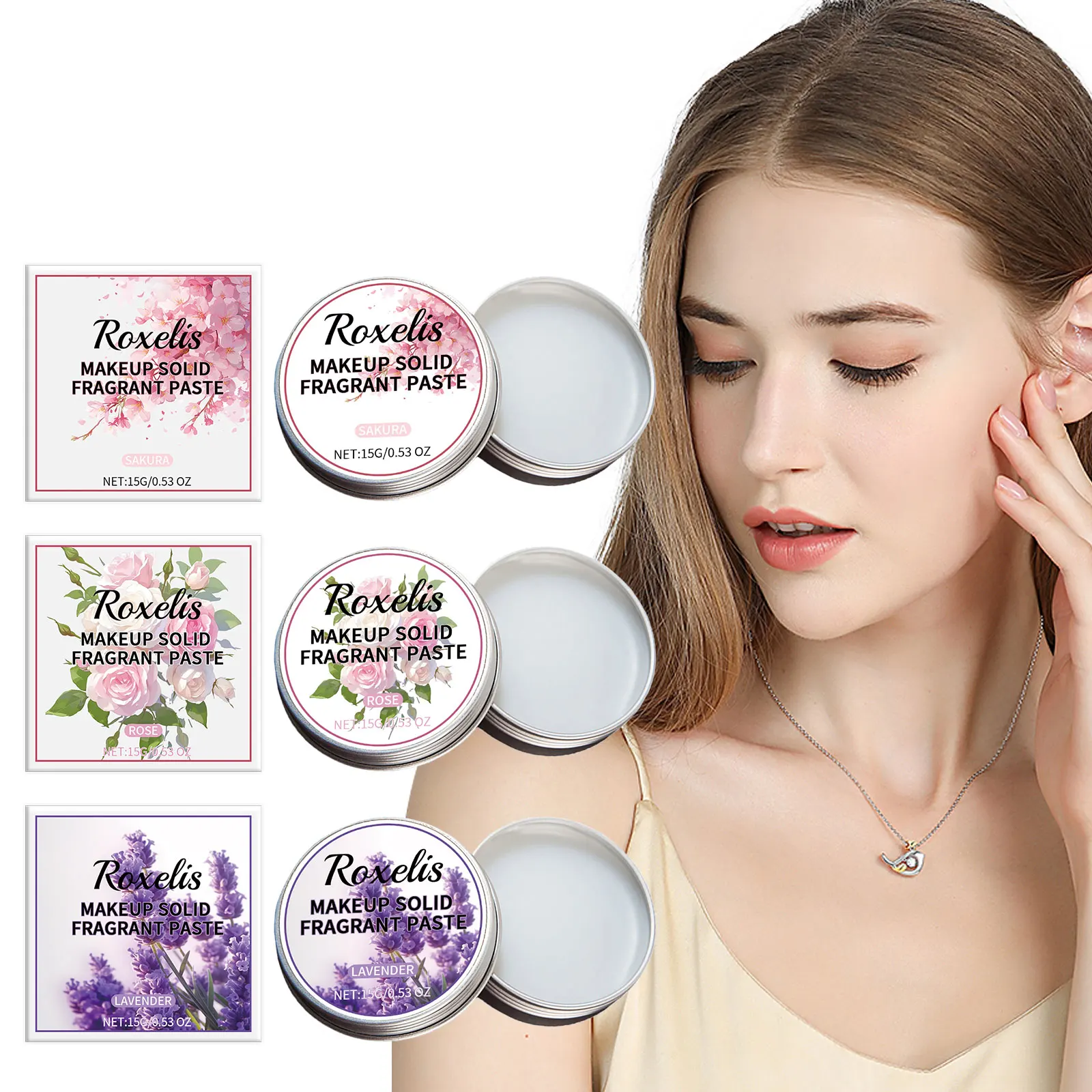 Roxelis 15g Floral Fragrance Solid Balm Rose Sakura Lavender Scent Elegant Lady Charming Body Wrist Ear Fresh Body Perfume Balm