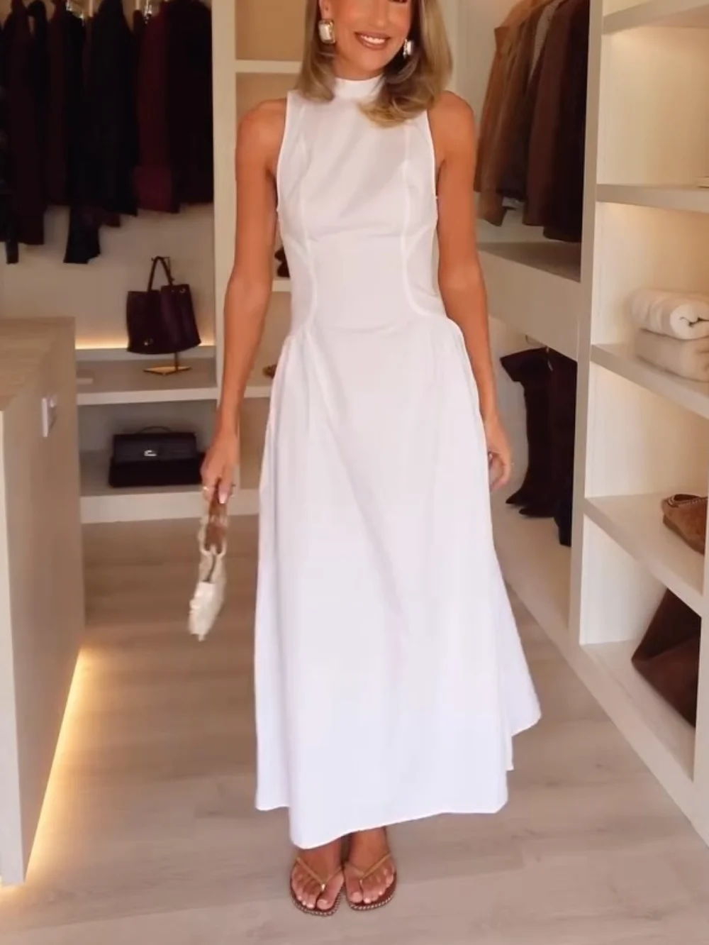 

Элегантное белое макси-платье без рукавов для женщин, с высоким воротом, приталенное, А-силуэт, длинное, летнее, шикарное, для вечерних мероприятий, однотонное