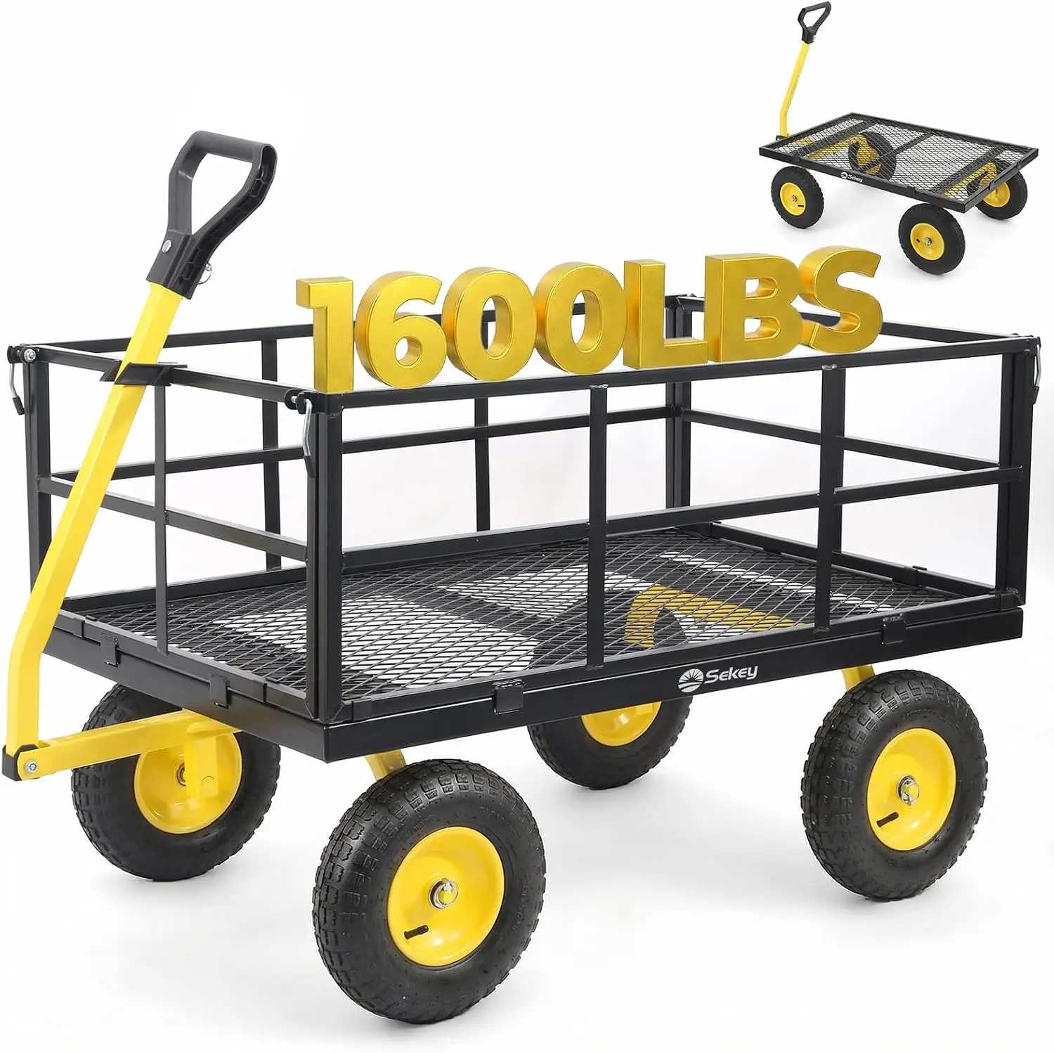 12 Cu Ft Steel Garden Cart, 1600 lb Capacity, Towable Handle Extra-large towable garden cart with 12 cu ft steel bed, 1600 lb capacity, removable sides and 13 in rubber tires.