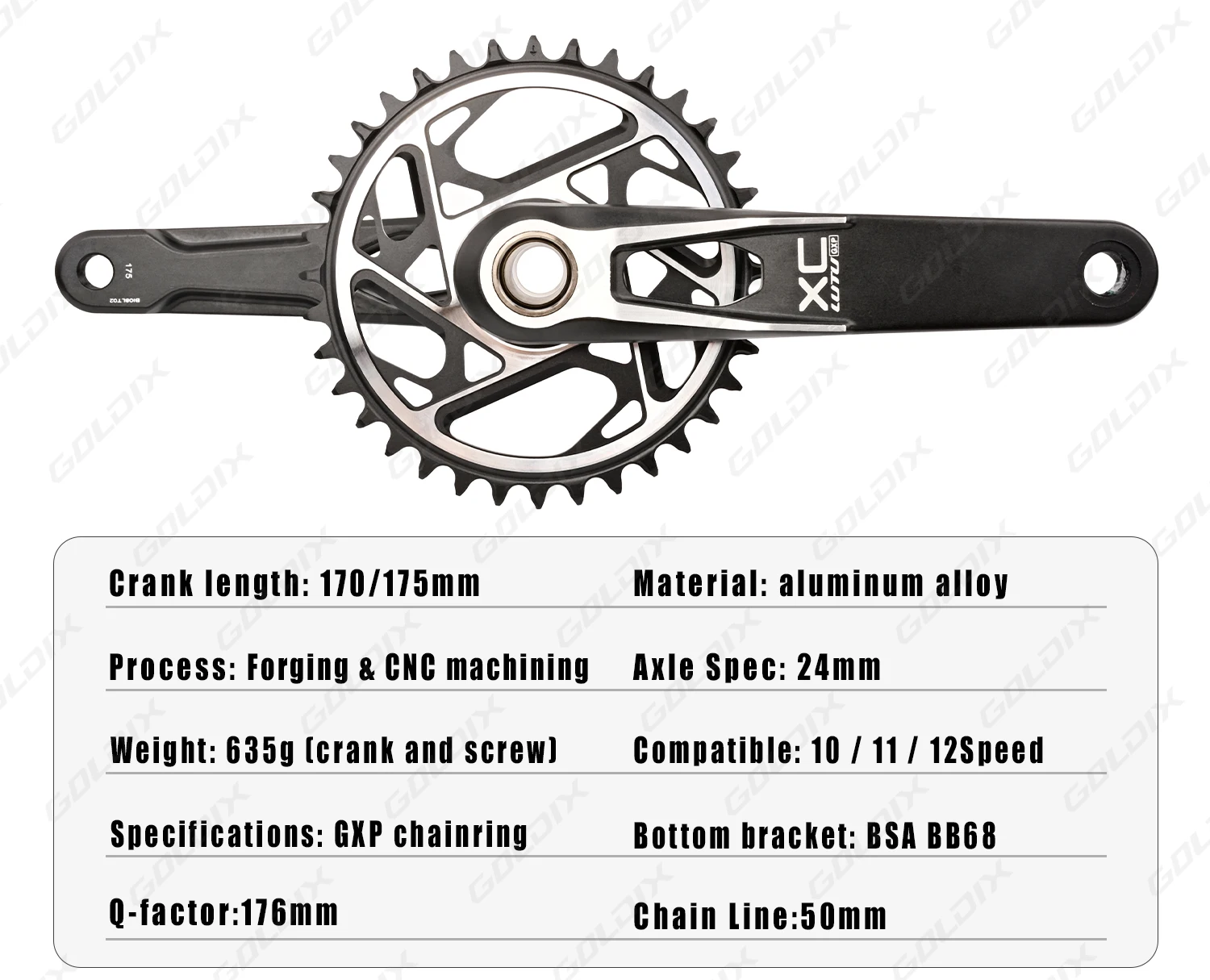 GOLDIX MTB-Kurbelgarnitur, 170/175 mm SL, 3 Bolzen, Direktmontage-Kurbel, 0 mm versetzt, 34 Zähne, 36 Zähne, 38 Zähne, 40 Zähne, Kettenblatt für XC AM – Detail 2