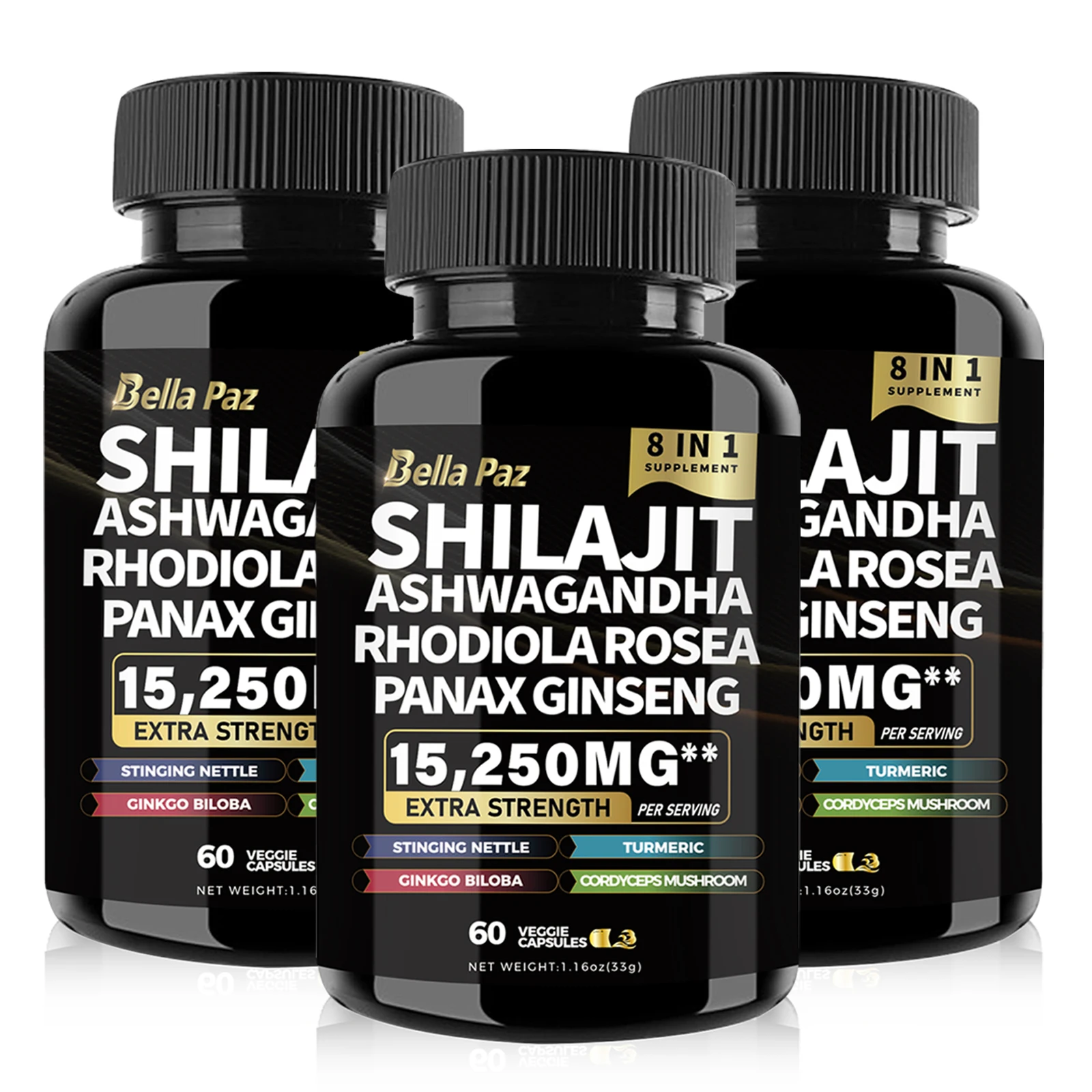 BellaPaz Shilajit 9000 with Panax Ginseng 1500mg, Ashwagandha 2000mg, Rhodiola Rosea 1000mg, and more in 60 capsules.